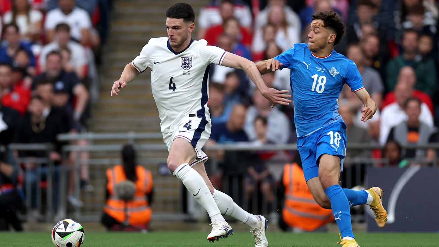 Declan Rice battles during England's game with Iceland at Wembley