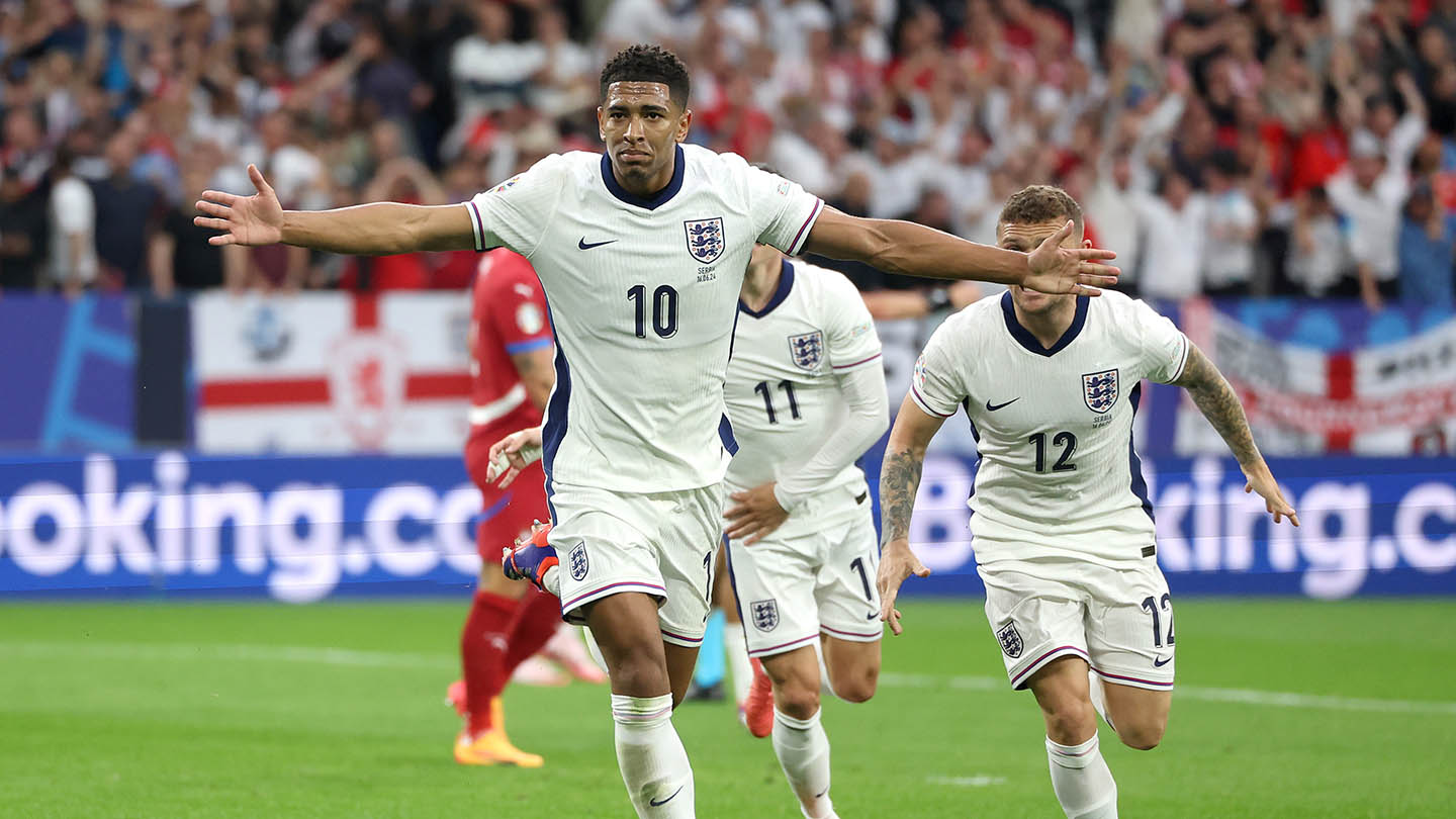Jude Bellingham of England celebrates scoring his team's first goal during the UEFA EURO 2024 group stage match between Serbia and England at Arena AufSchalke on June 16, 2024 in Gelsenkirchen, Germany.