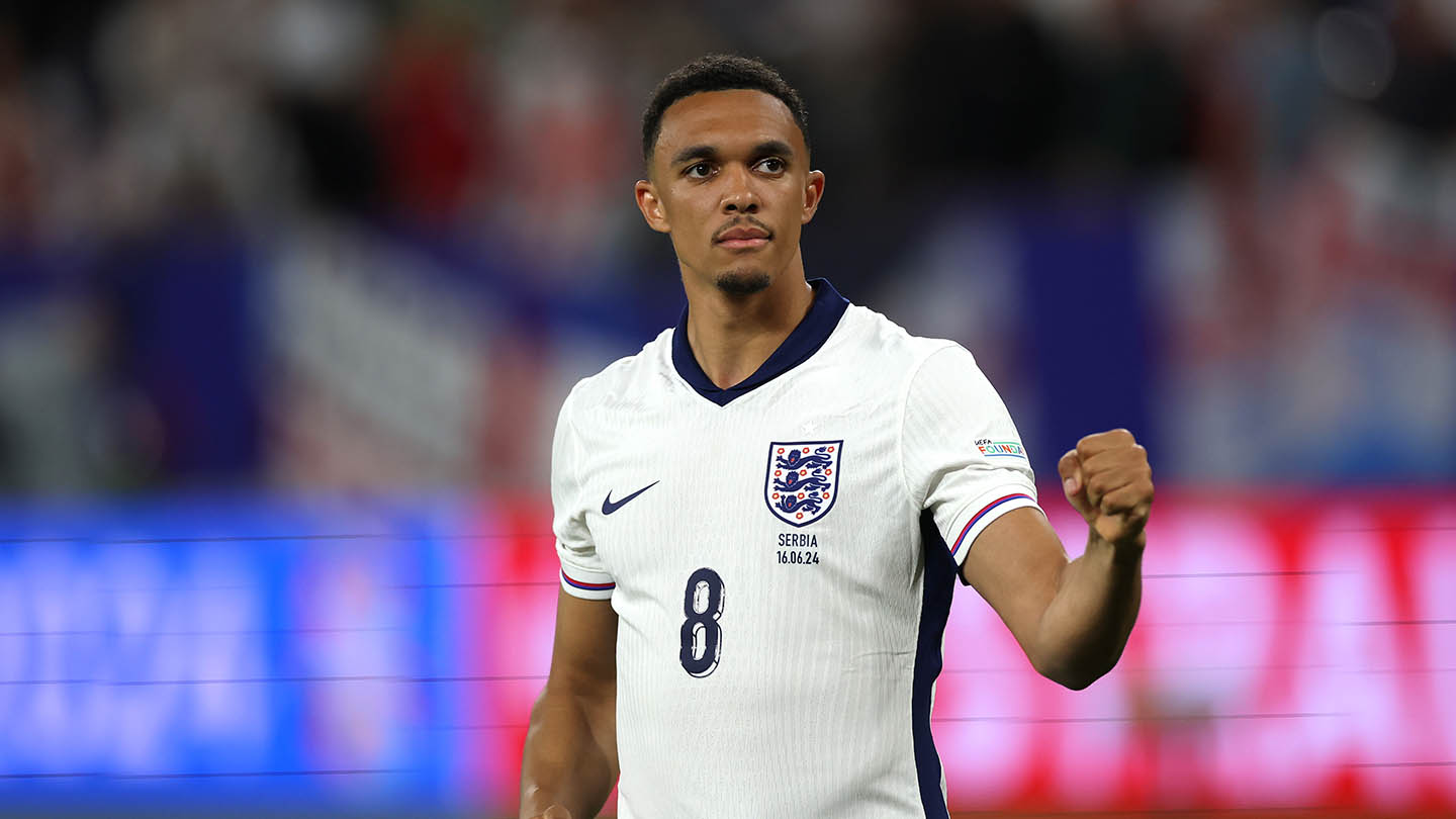 Trent Alexander-Arnold of England celebrates following the UEFA EURO 2024 group stage match between Serbia and England at Arena AufSchalke