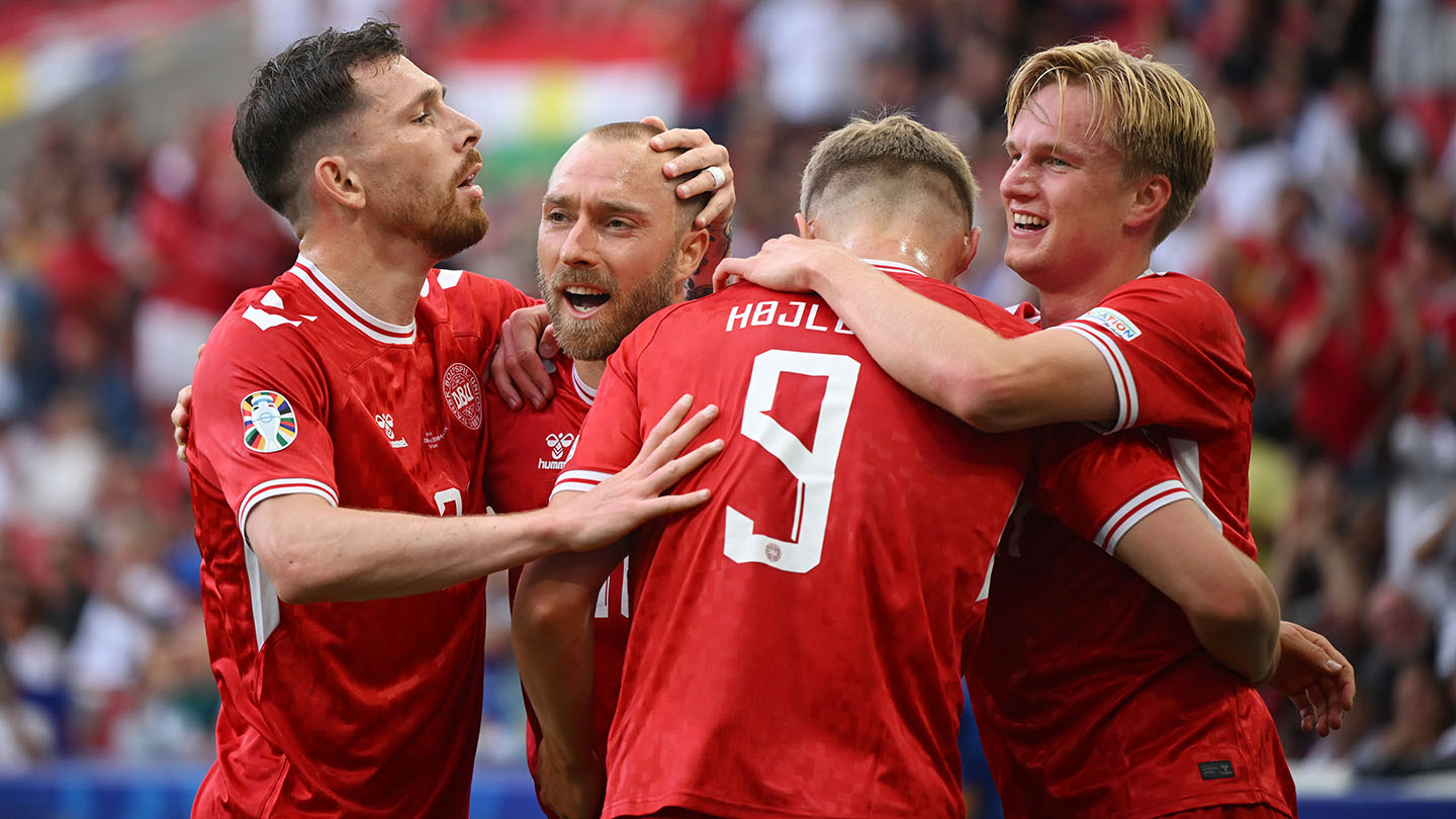 Denmark celebrate Christian Eriksen's goal against Slovenia at EURO 2024