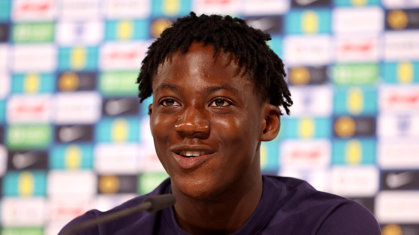 Kobbie Mainoo faces the press ahead of Denmark v England at EURO 2024