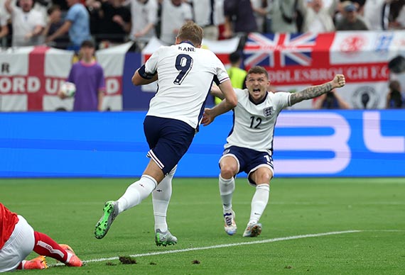 England's Harry Kane celebrates his goal against Denmark