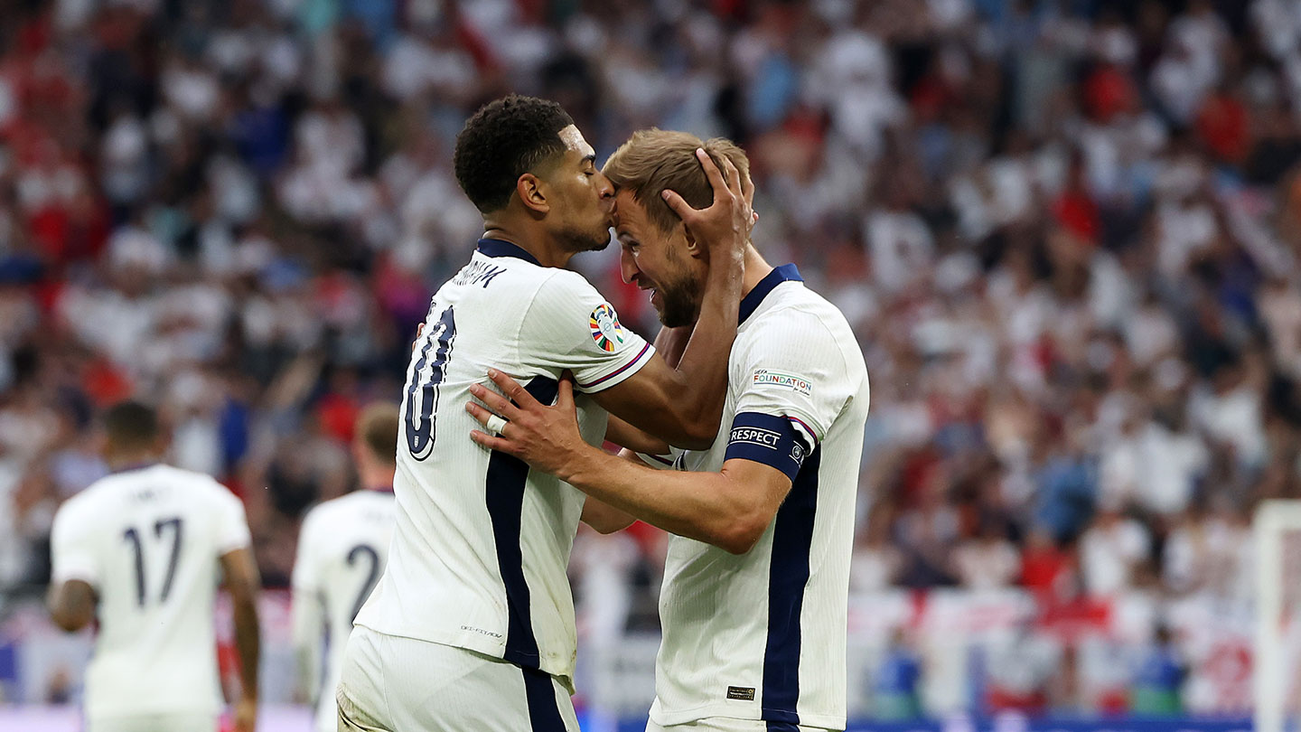 Jude Bellingham and Harry Kane celebrate England's victory v Slovakia at EURO 2024